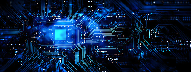 Technology blue computer circuit board, Motherboard Connecting Data in the Cyber World - obrazy, fototapety, plakaty