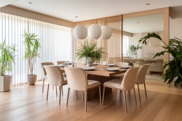 a modern dining room with beige chairs, wooden flooring, plants, room divider, and elegant accessories.