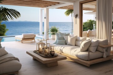 Fototapeta na wymiar a cozy beach house with a terrace, living room, and sea view.