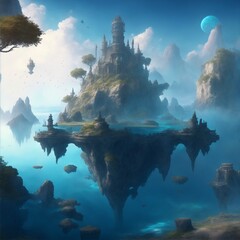 mystical scenery of floating islands, ancient ruins and magical artefacts illustration