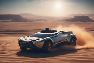 Fototapeta na wymiar The car with a futuristic design carries on the desert raising sandy dust.