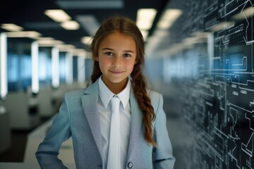Portrait of a pleased, child girl wearing tie against a corporate office background. Generative AI
