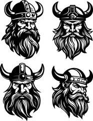 Viking heads collection. Illustration ready for vinyl cutting. Viking emblem. Mascot celtic warrior illustration isolated on white. Image of man portrait for company use or tattoo.