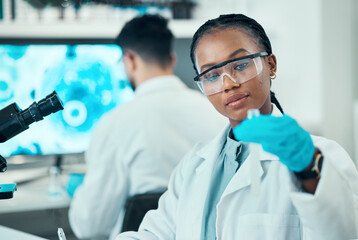 Science, research and black woman with test tube in laboratory, medical engineering and vaccine...