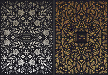 Luxury abstract backgrounds, save the date floral invitations, vintage frames. Merry Christmas sketch winter floral design templates for xmas products. Use for package, branding, poster, brochure,
