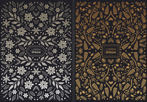 Luxury abstract backgrounds, save the date floral invitations, vintage frames. Merry Christmas sketch winter floral design templates for xmas products. Use for package, branding, poster, brochure,