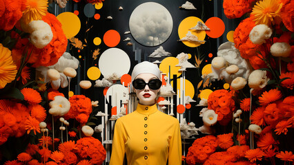 A woman in an orange dress standing near flowers, in the style of surrealist automatons, dark yellow and dark white, pop-inspired installations 
Size: (3840×2160) 16-9.