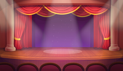 A theater stage with a red open curtain. Vector template illustration © NADEZHDA