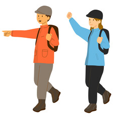 楽しそうにハイキングをする男女のイラスト