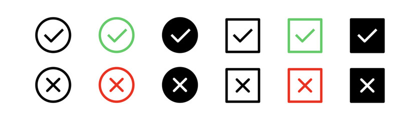 Checkmark tick icons. X mark symbol. Green check mark icon. Red cross sign. Approve and decline symbol. Outline cross mark. Choice symbol illustration