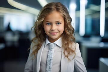 Portrait of a pleased, child girl wearing tie against a corporate office background. Generative AI