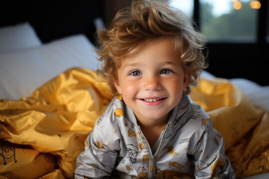 Cute smiling little baby boy in his bed in the room before going to sleep. Happy childhood.