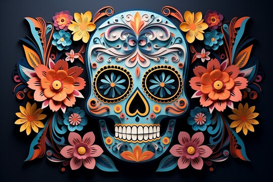 Festive Mexican Day of the Dead paper cut skull and flower on colorful background