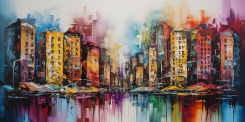 Jazzy lively colorful water color painting of a downtown