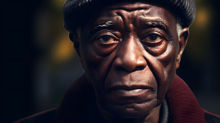 Mature old black man with wise eyes and a wrinkled face.