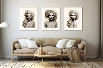 3 small pictures on the wall, mockups, in a design room, neutral colors