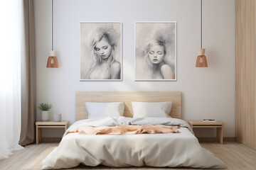 2 small paintings on the wall, mockups, in a bedroom with a work desk, neutral colors