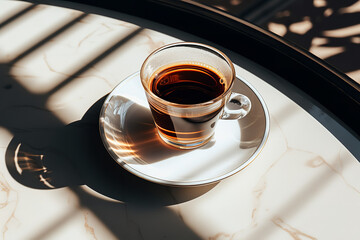 a close up of a cup of coffee on a table, minimalism, pouring, hexagonal shaped, sunny light