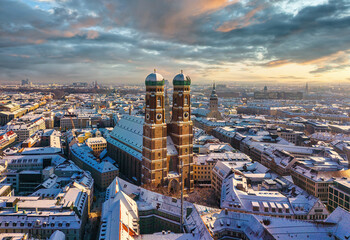 Aerial view of the Frauenkirche during winter in Munich, Germany