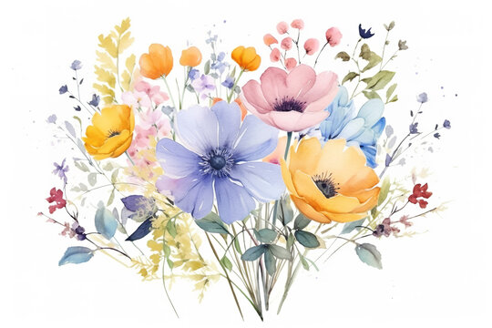 bouquet of wild flowers, image minimalist, watercolour, poster style, pastel colors