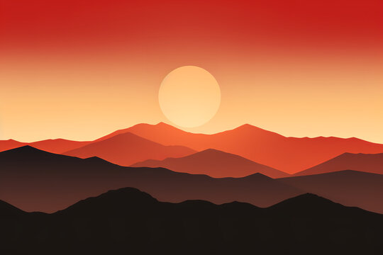 minimalist image of silhouetted mountains at sunset, warm tones