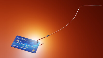 Credit card as bait on a fishing hook. Internet scam, phishing, online theft concept. Digital 3D...
