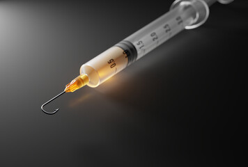 Syringe with a fishing hook for a needle. Addiction, substance abuse, healthcare scam concept. Digital 3D rendering.