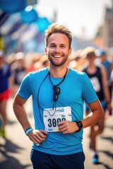 Fototapeta premium Portrait of a pleased, man in his 30s that is tracking a marathon route wearing shoes with integrated GPS against a city marathon event with digital checkpoints background. Generative AI
