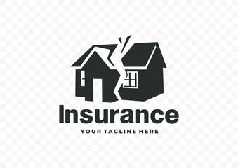 Вamage to insured property logo design. Ruined house with a crack in the middle vector design. Real estate insurance concept