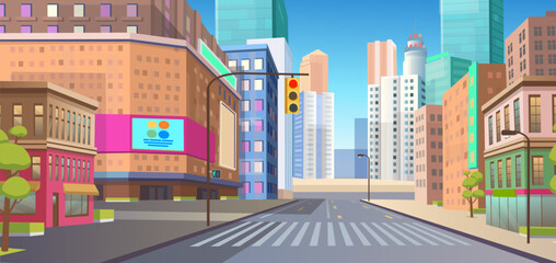 Panorama city with shops,  building, crossing,  mall  and traffic light .Vector illustration in flat style.