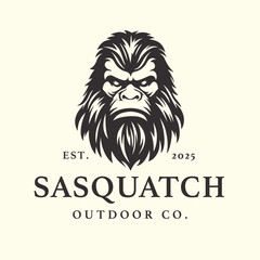 Squatchy bigfoot logo design. Sasquatch face brand icon. Yeti symbol. Wood ape emblem. Mythical cryptid creature vector illustration.