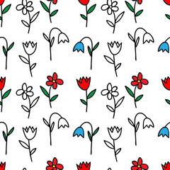 Colored Vector illustration of bouquet blue bell and red tulip flowers with green leaves isolated on a white background. Seamless pattern