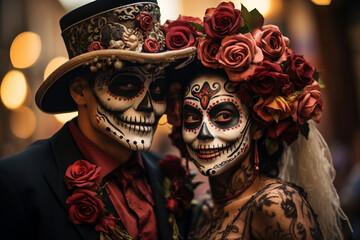 Dia de los Muertos couple in traditional costumes and face paint