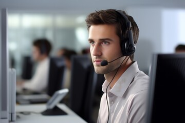 Male dispatcher, support, assistance talking on call, service, smile ai generated