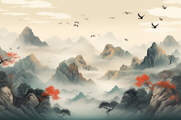 Watercolor illustration, misty landscape with rocks fog and pine trees. Traditional oriental nature background - obrazy, fototapety, plakaty