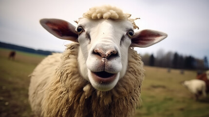 Cheeky sheep makes a funny face, Farm animals.