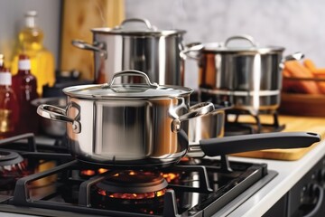 Saucepans on electric stove at kitchen at home, Cooking.