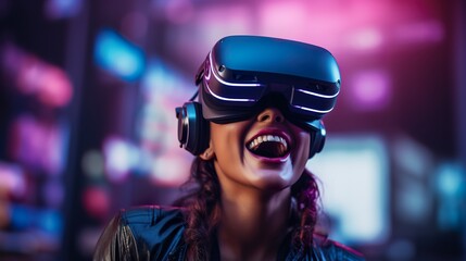 young handsome female in VR virtual reality headset, colourful futuristic vision concept, generative AI
