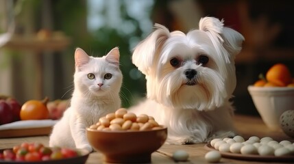 Dog and cat sit with varied food for pets.