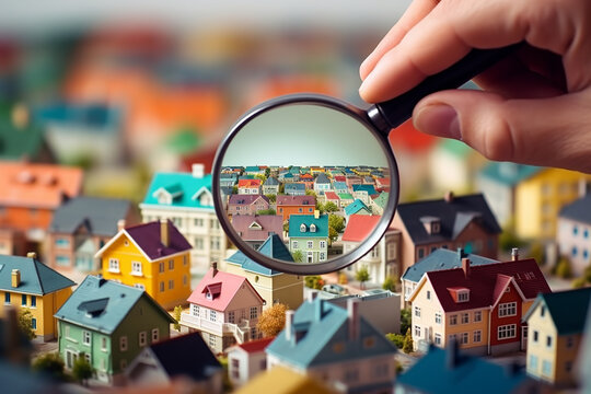 A hand holds a magnifying glass that magnifies a background full of models of small houses.