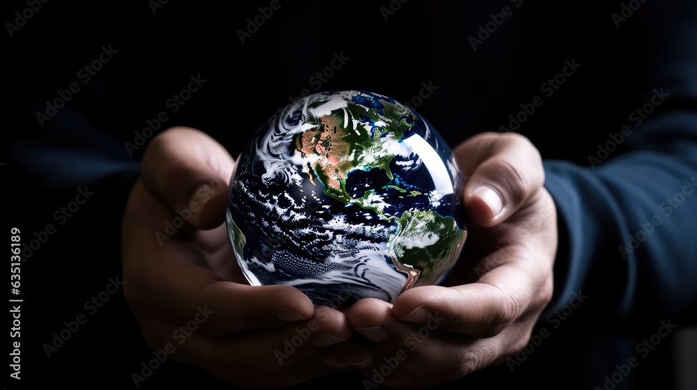 Poster man holding planet in hand for earth day, saving energy environment concept.