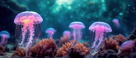 Wide angle photo of beautiful luminous jellyfish floating in the mysterious sea. Breathtaking underwater scene.