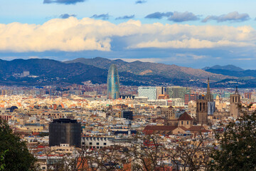 Panoramic view of Barcelona city from Montjuic hill, Catalonia, Spain