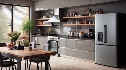a fresh, contemporary kitchen with a cooker and a refrigerator.