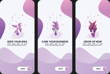 3 Screens App Design Template mobile app smartphone interface vector templates set. Online web page design layout. Remote studying. Pack of UI, flower screens for application. Phone display.
