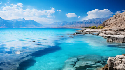 Fototapeta na wymiar Serene Landscape of the Blue Dead Sea and Majestic Mountains in Israel