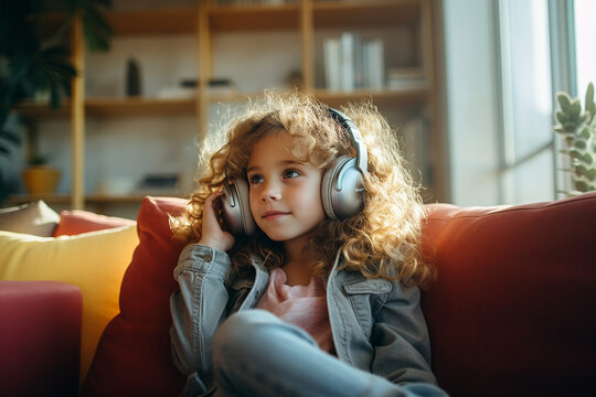 A Child With Curly Hair In Headphones Listens To Music, A Podcast Sitting On An Armchair. Cozy Room. Educational Content