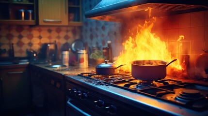 Kitchen fire accident, Stove ignited in the kitchen during cooking.