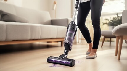 Female Cleaning with Cordless Vacuum Cleaner. Generative ai