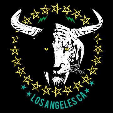 Los Angeles. T-shirt design of a saber-toothed tiger head with horns surrounded by stars. vector illustration of fantastic content.